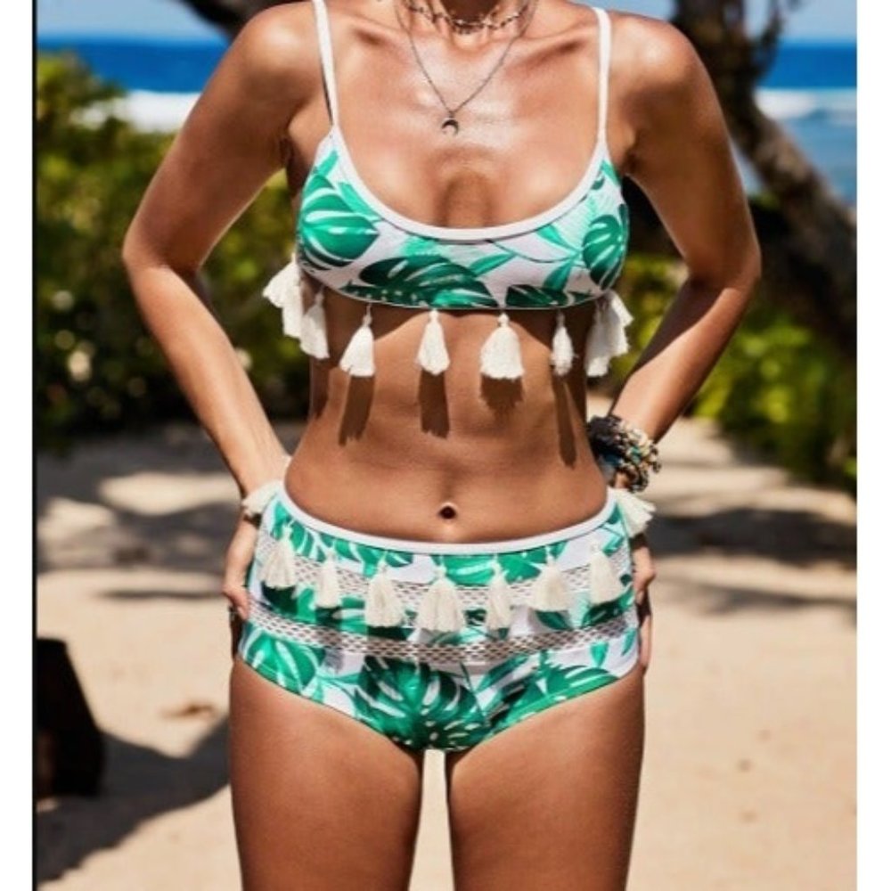 Women's Two Piece Tropical Monstera Palm Print High Waisted Bikini Large NWT